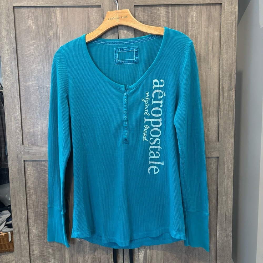 Aeropostale XL‎ Teal Long Sleeve Henley Top Vintage Y2K Ribbed